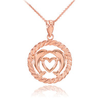 Gold Heart Kissing Dolphins in Circle Rope Pendant Necklace (Available in Yellow, White and Rose)