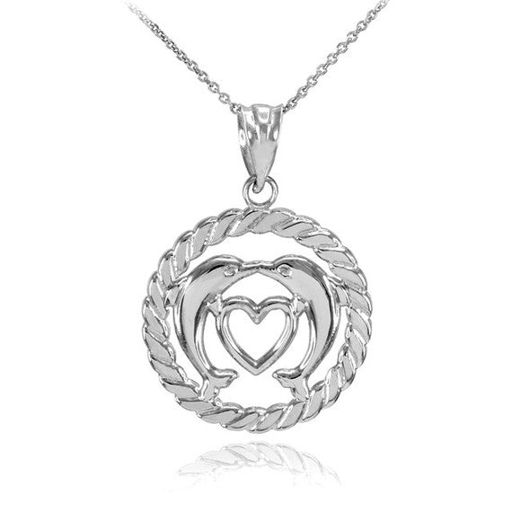 Gold Heart Kissing Dolphins in Circle Rope Pendant Necklace (Available in Yellow, White and Rose)