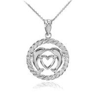 Gold Heart Kissing Dolphins in Circle Rope Pendant Necklace (Available in Yellow, White and Rose)