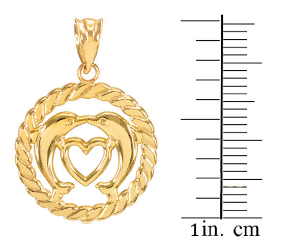 Gold Heart Kissing Dolphins in Circle Rope Pendant Necklace (Available in Yellow, White and Rose)