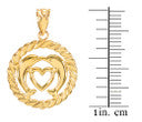 Gold Heart Kissing Dolphins in Circle Rope Pendant Necklace (Available in Yellow, White and Rose)