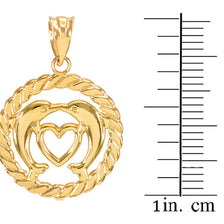 Gold Heart Kissing Dolphins in Circle Rope Pendant Necklace (Available in Yellow, White and Rose)