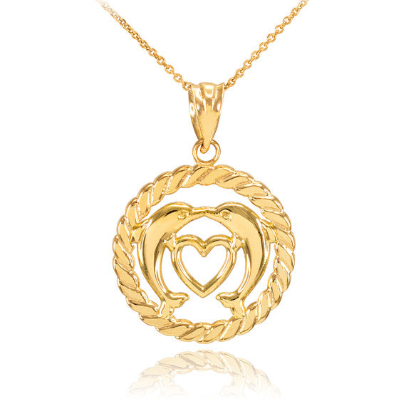 Gold Heart Kissing Dolphins in Circle Rope Pendant Necklace (Available in Yellow, White and Rose)