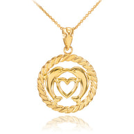 Gold Heart Kissing Dolphins in Circle Rope Pendant Necklace (Available in Yellow, White and Rose)