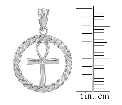 .925 Silver Roped Circle Egyptian Ankh Cross with CZ Pendant Necklace