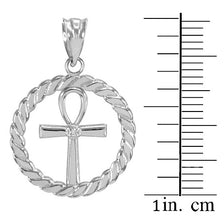 .925 Silver Roped Circle Egyptian Ankh Cross with CZ Pendant Necklace