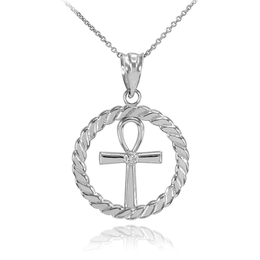 .925 Silver Roped Circle Egyptian Ankh Cross with CZ Pendant Necklace