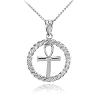 .925 Silver Roped Circle Egyptian Ankh Cross with CZ Pendant Necklace