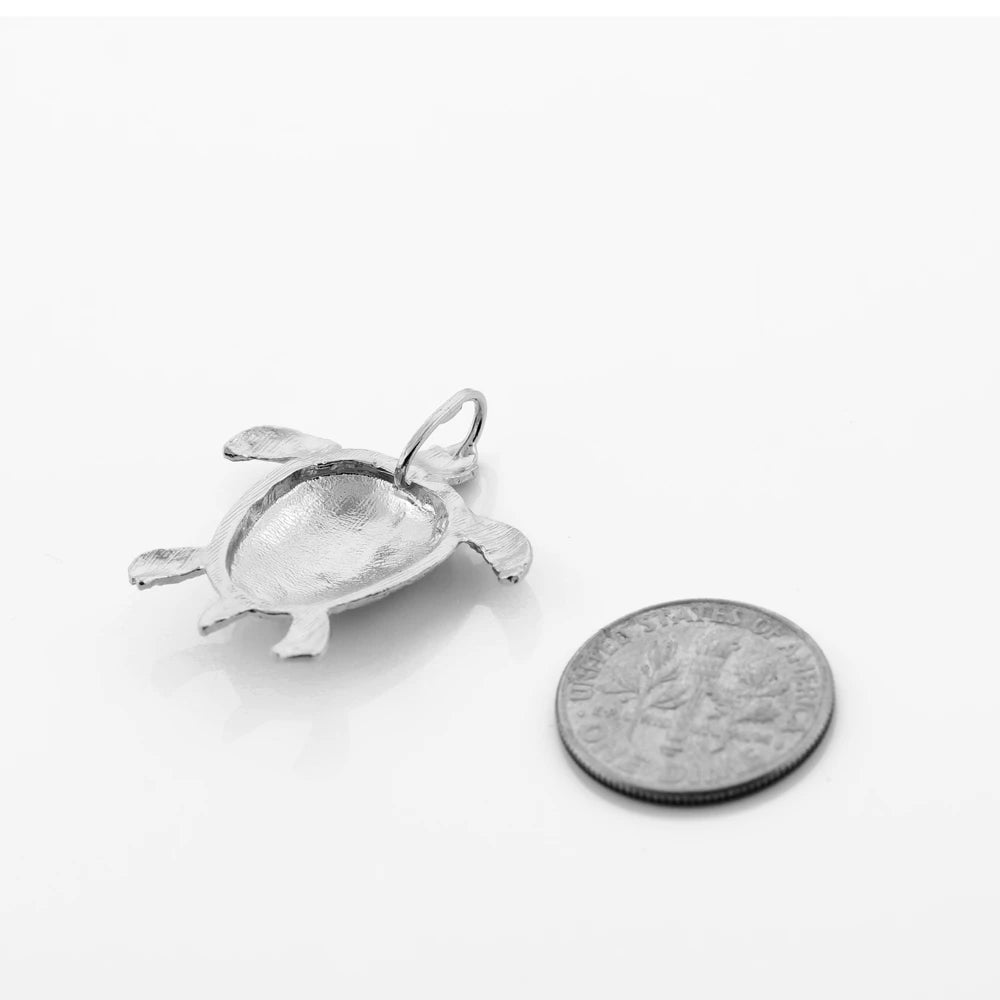 .925 Sterling Silver Textured Style Sea Turtle Pendant Necklace