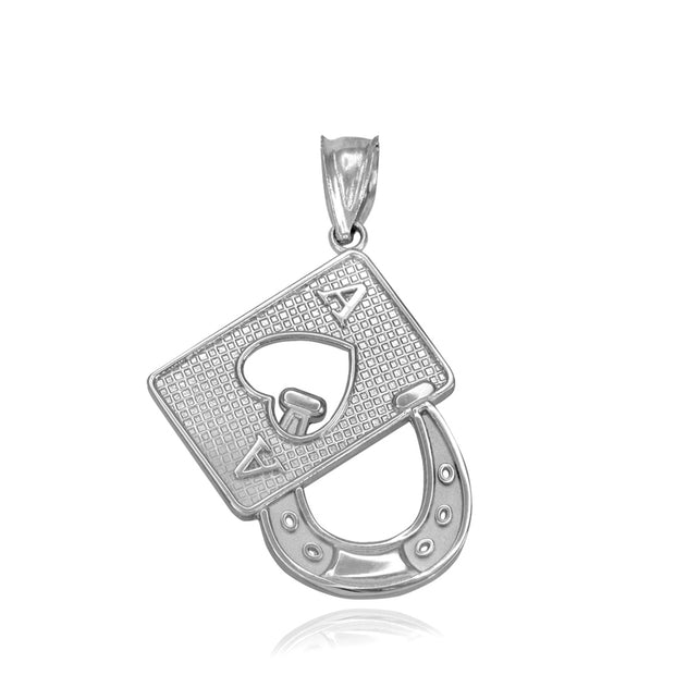 .925 Sterling Silver Lucky Ace Card Horseshoe Pendant Necklace