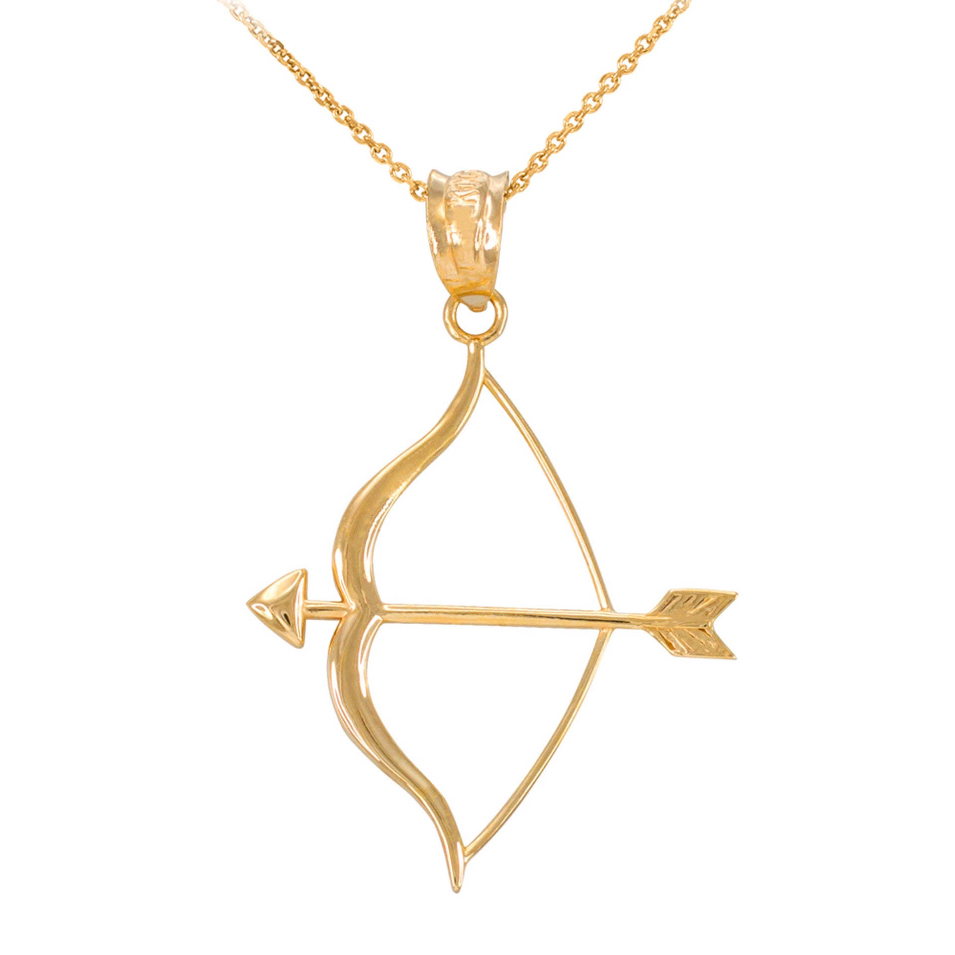 Polished Gold Bow and Arrow Pendant Necklace (Available in Yellow/Rose/White Gold)