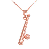 Solid Gold Polished Baseball and Bat Pendant Necklace (Available in Yellow/Rose/White Gold)