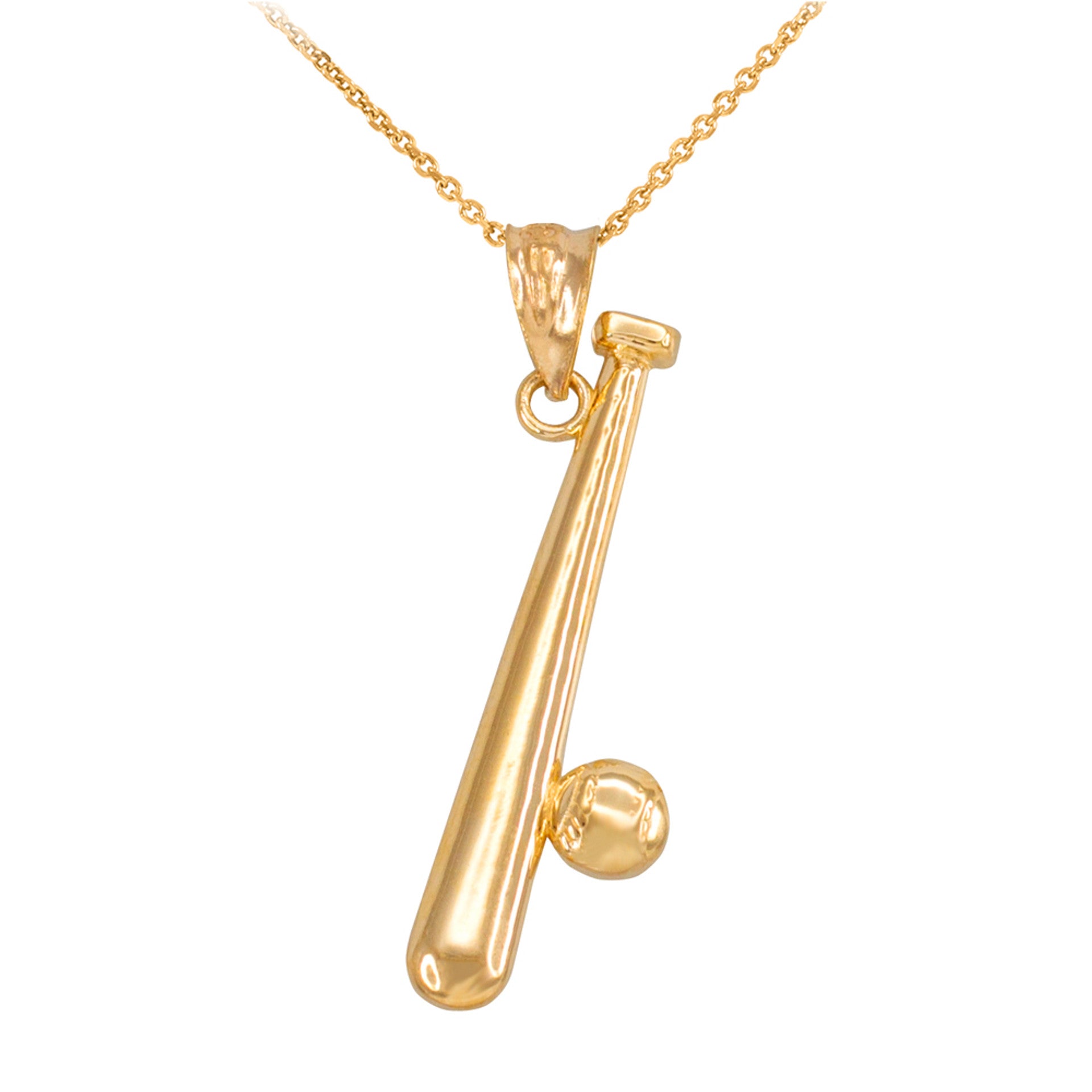 Solid Gold Polished Baseball and Bat Pendant Necklace (Available in Yellow/Rose/White Gold)
