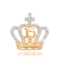 Two-Tone Gold Cubic Zirconia Crown 15 Años Cross Quinceañera Pendant Necklace(Available in Yellow/Rose/White)