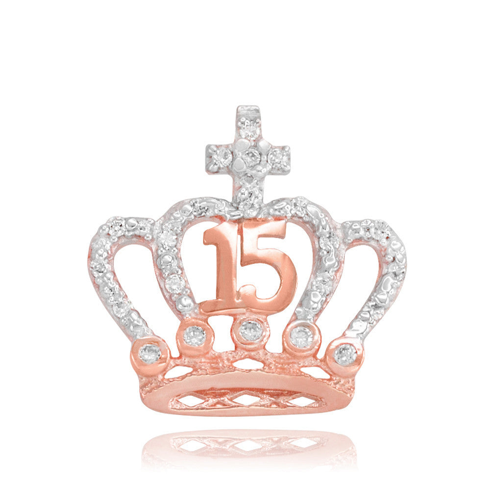Two-Tone Gold Cubic Zirconia Crown 15 Años Cross Quinceañera Pendant Necklace(Available in Yellow/Rose/White)