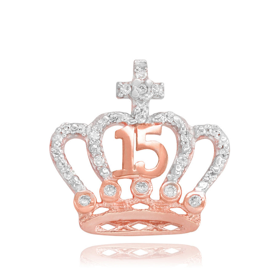 Two-Tone Gold Cubic Zirconia Crown 15 Años Cross Quinceañera Pendant Necklace(Available in Yellow/Rose/White)