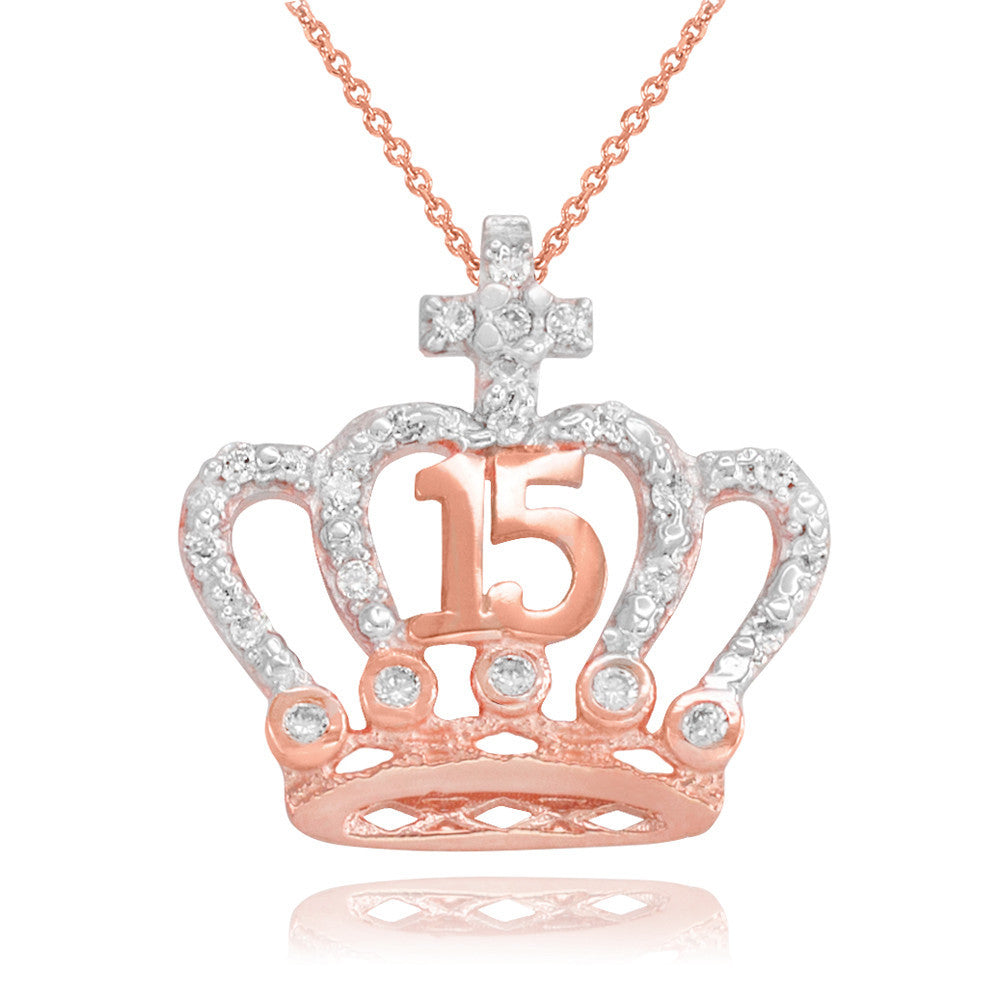 Two-Tone Gold Cubic Zirconia Crown 15 Años Cross Quinceañera Pendant Necklace(Available in Yellow/Rose/White)