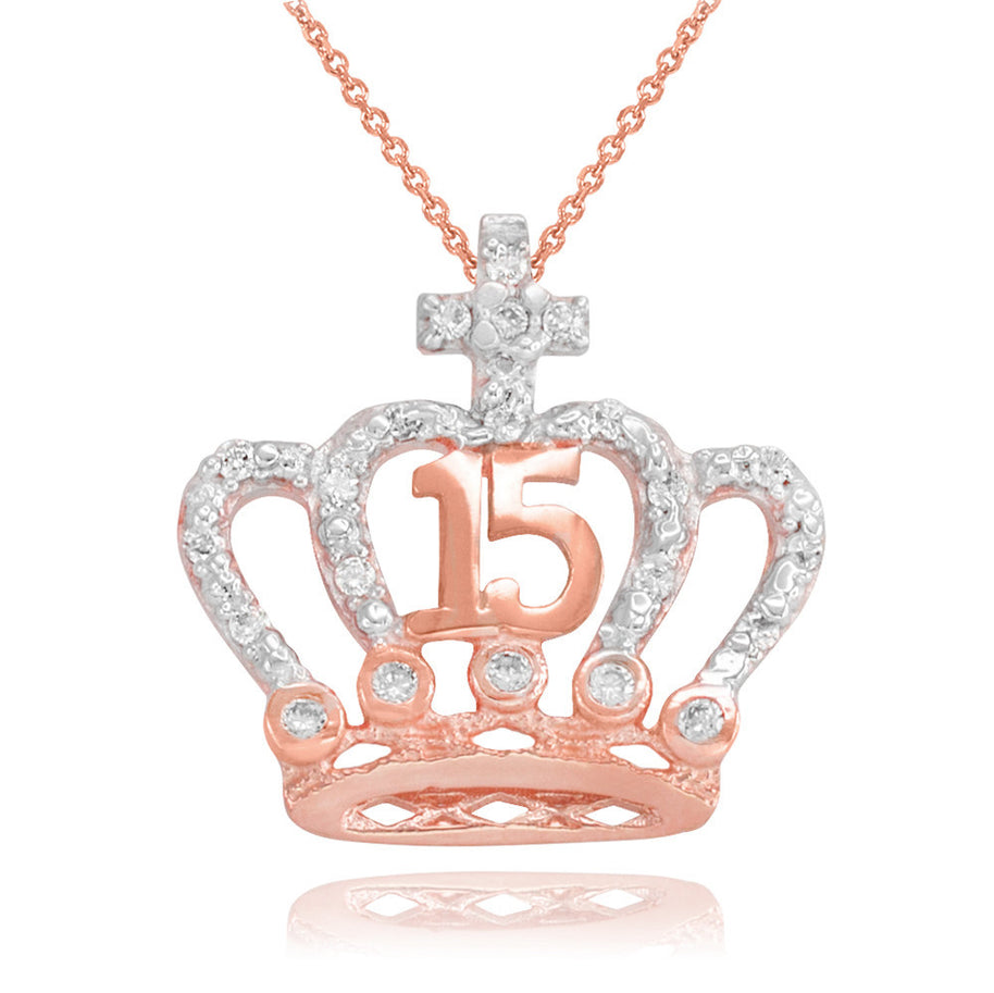 Two-Tone Gold Cubic Zirconia Crown 15 Años Cross Quinceañera Pendant Necklace(Available in Yellow/Rose/White)