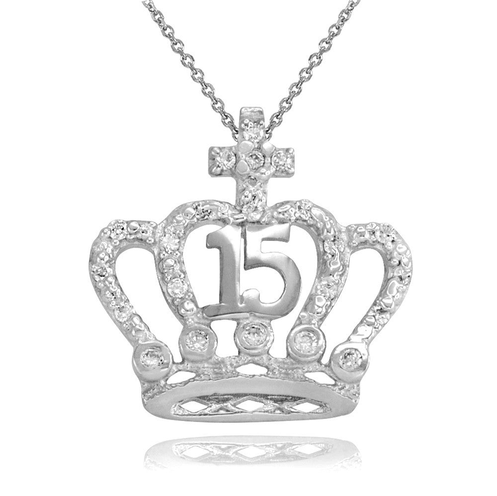 Two-Tone Gold Cubic Zirconia Crown 15 Años Cross Quinceañera Pendant Necklace(Available in Yellow/Rose/White)