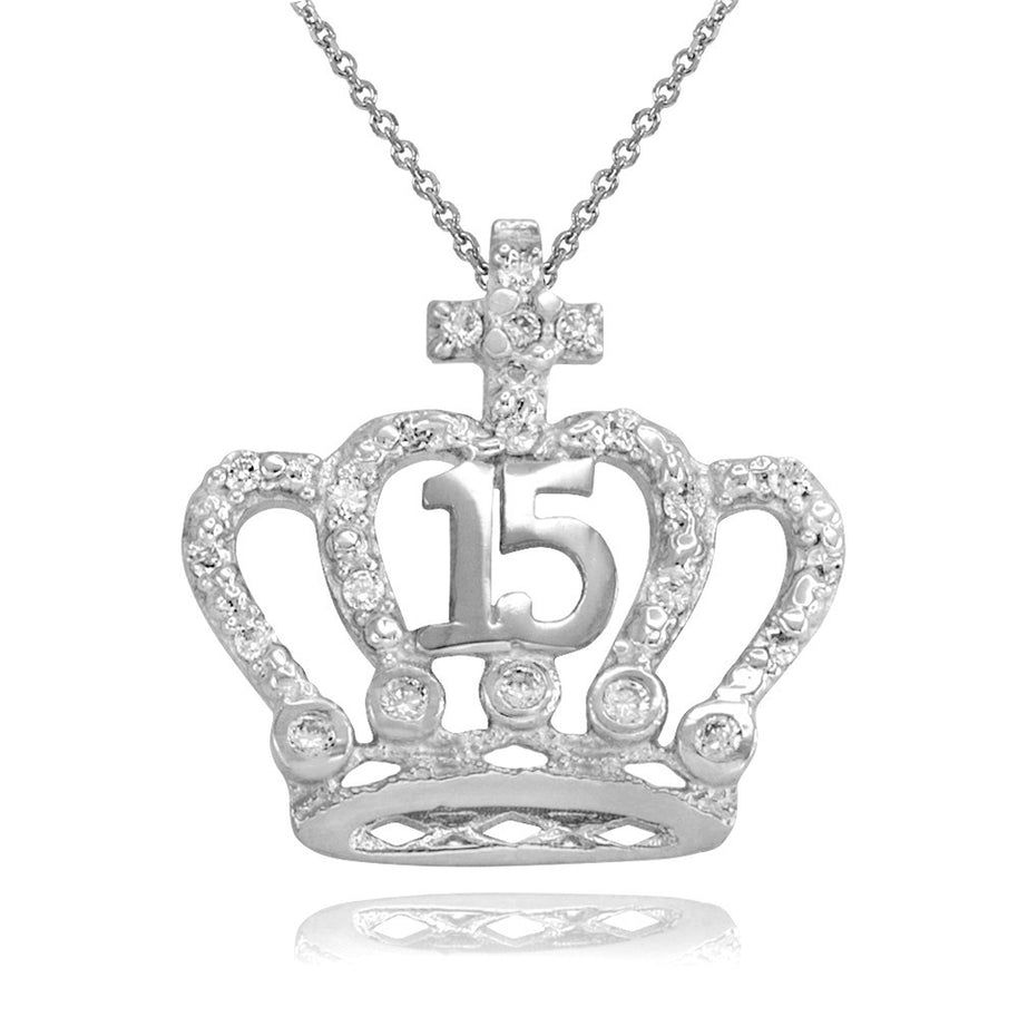 Two-Tone Gold Cubic Zirconia Crown 15 Años Cross Quinceañera Pendant Necklace(Available in Yellow/Rose/White)