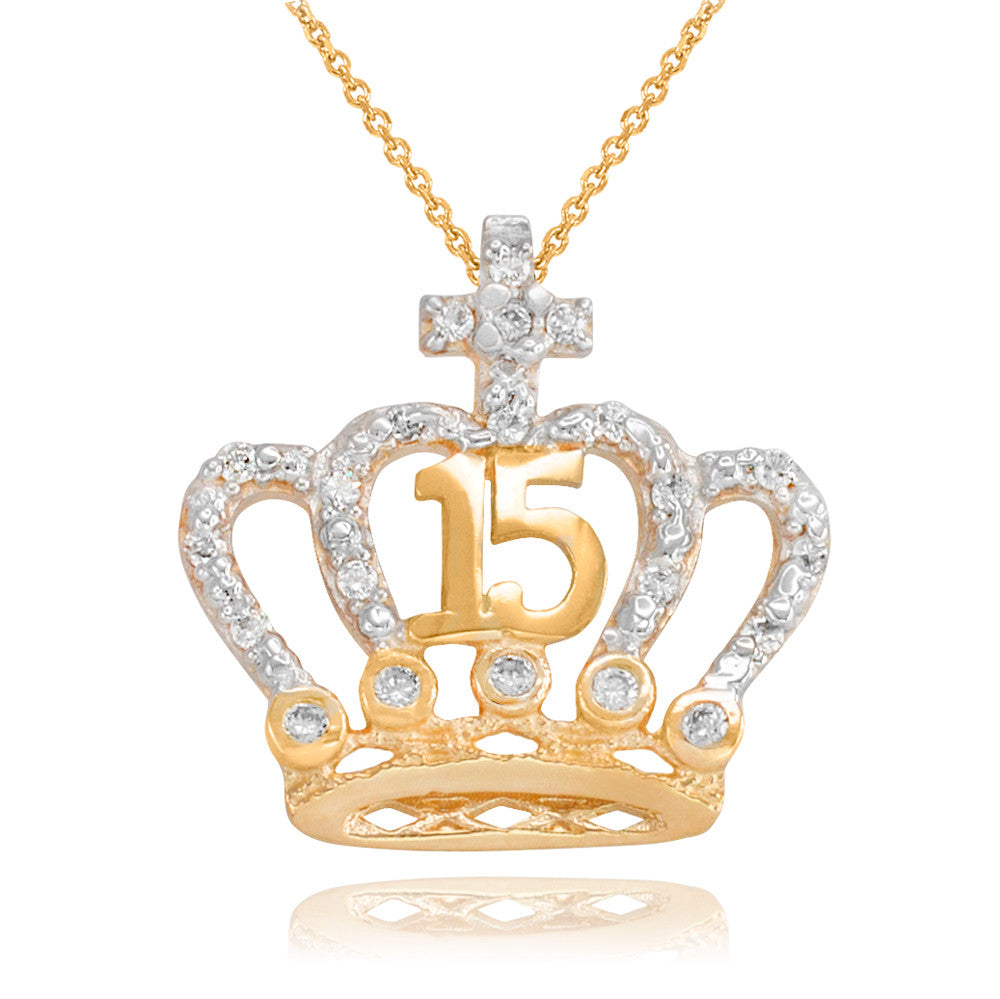 Two-Tone Gold Cubic Zirconia Crown 15 Años Cross Quinceañera Pendant Necklace(Available in Yellow/Rose/White)