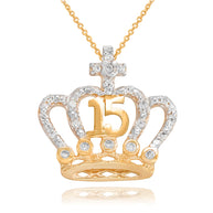 Two-Tone Gold Cubic Zirconia Crown 15 Años Cross Quinceañera Pendant Necklace(Available in Yellow/Rose/White)