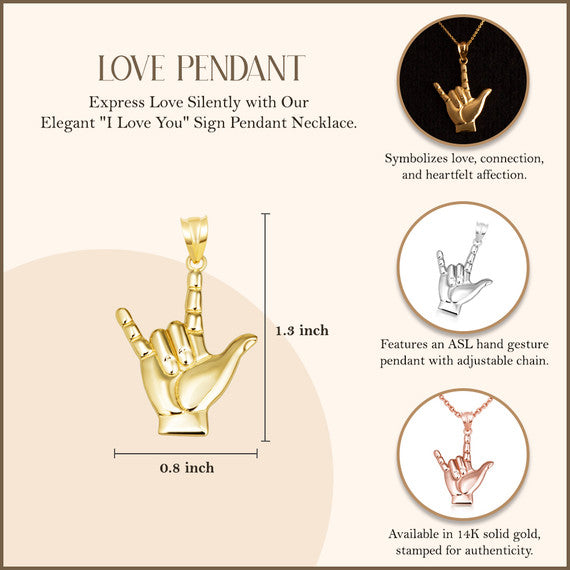 Gold ASL Sign Language I Love You Necklace S/L (Available in Yellow Gold, Rose Gold, White Gold)