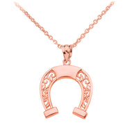 Gold Filigree Horseshoe Pendant Necklace (Available in Yellow/Rose/White Gold)