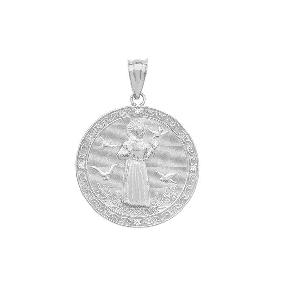 Sterling Silver Saint Francis of Assisi Circle Engravable Medallion CZ Stone Pendant Necklace (Small)