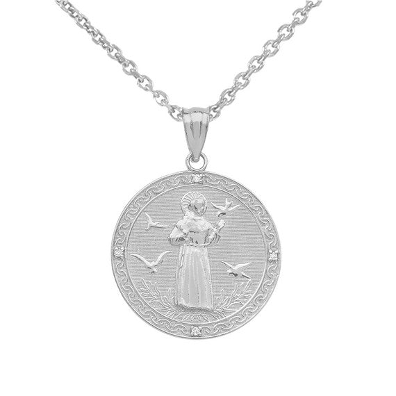 Sterling Silver Saint Francis of Assisi Circle Engravable Medallion CZ Stone Pendant Necklace (Small)