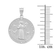Sterling Silver Saint Francis of Assisi Circle Engravable Medallion CZ Stone Pendant Necklace (Small)