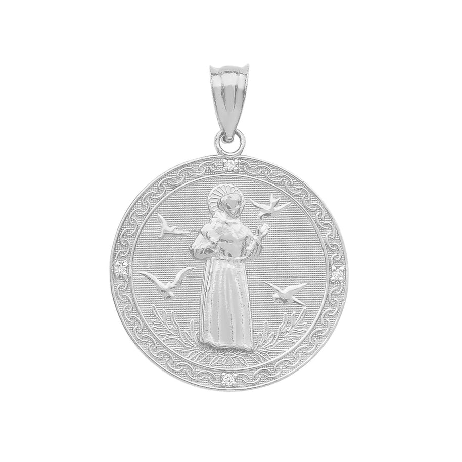 Sterling Silver St. Francis of Assisi Circle Engravable Medallion CZ Stone Pendant Necklace (Medium)