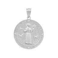 Sterling Silver St. Francis of Assisi Circle Engravable Medallion CZ Stone Pendant Necklace (Medium)