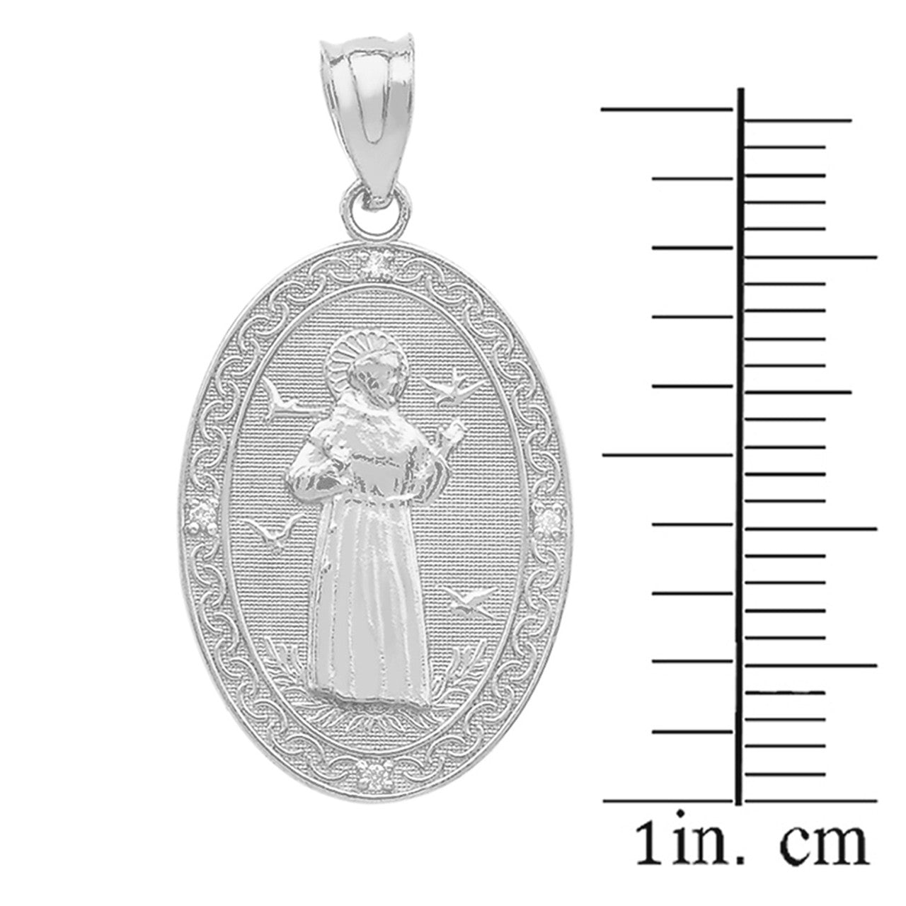 Sterling Silver St.Francis of Assisi Oval Engravable Medallion CZ Stone Pendant Necklace (Medium)