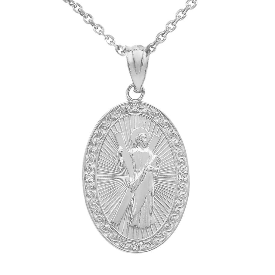 Sterling Silver St. Andrew Oval Medallion CZ Stone Engravable Pendant Necklace (Medium)