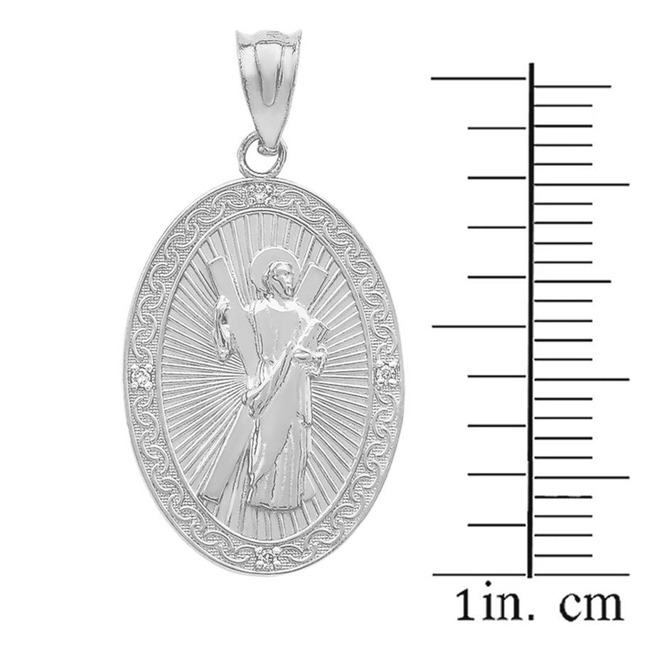 Sterling Silver St. Andrew Oval Medallion CZ Stone Engravable Pendant Necklace (Medium)