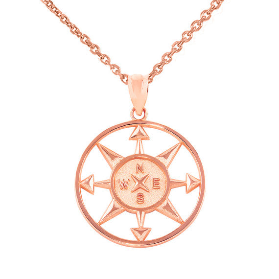 Gold Compass Circle Pendant Necklace (Available in Yellow/Rose/White Gold)