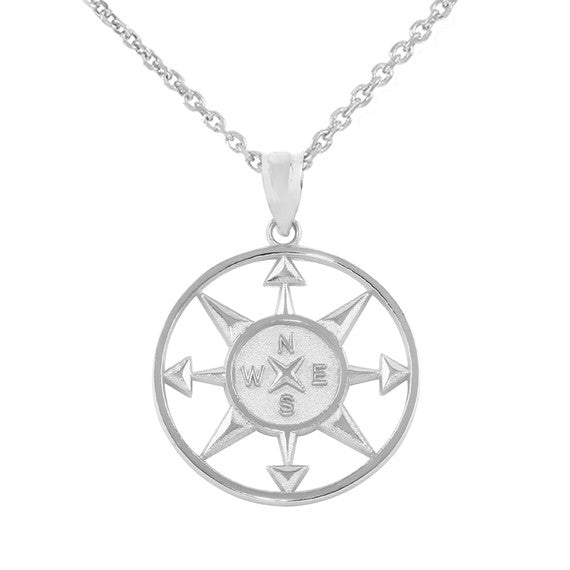 .925 Sterling Silver Compass Circle Pendant Necklace