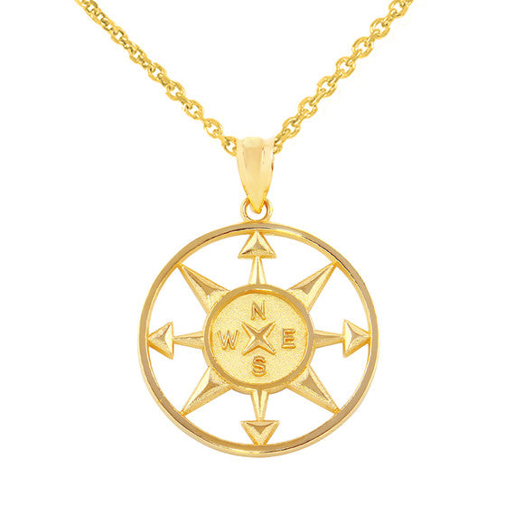Gold Compass Circle Pendant Necklace (Available in Yellow/Rose/White Gold)