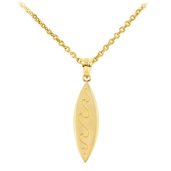 Gold Surfboard Waves Beach Bum Pendant Necklace (Available in Yellow/Rose/White Gold)