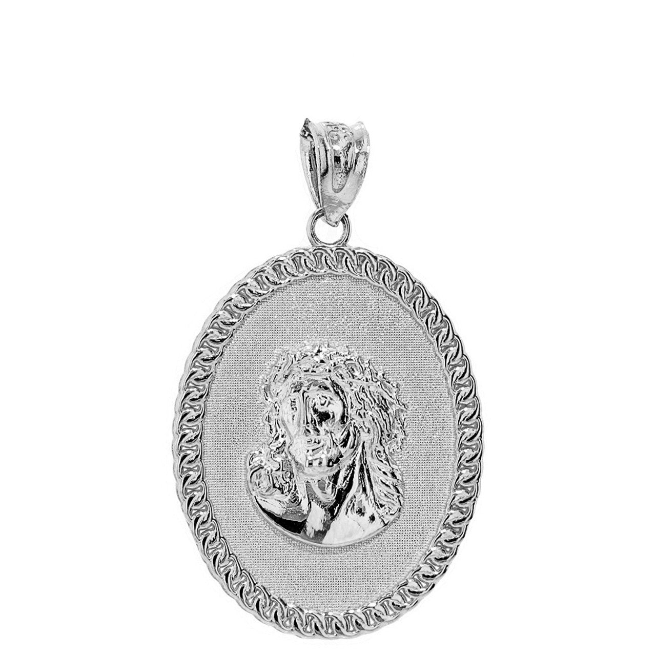 Sterling Silver Jesus Christ the Lord Cuban Curb Link Frame Oval Medallion Pendant Necklace 1.27