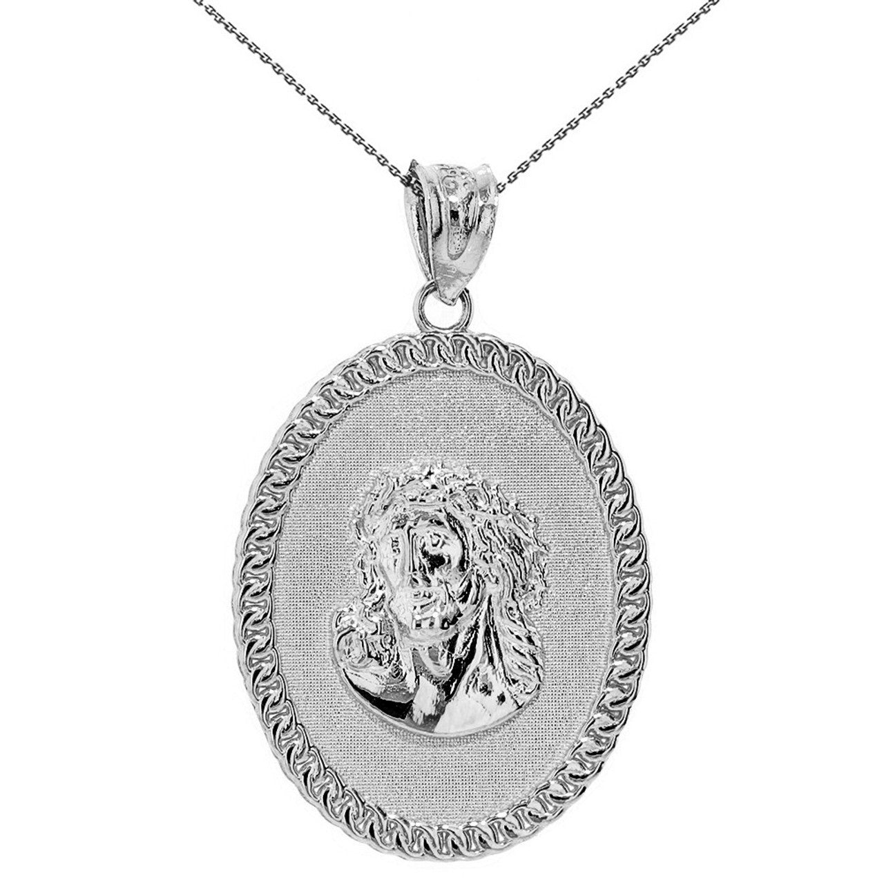 Sterling Silver Santa Muerte Cuban Link Frame Medallion Pendant Necklace 1.28