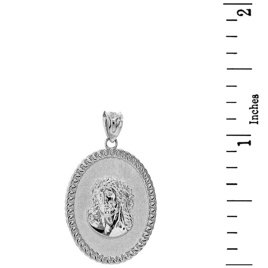 Sterling Silver Jesus Christ the Lord Cuban Curb Link Frame Oval Medallion Pendant Necklace 1.27