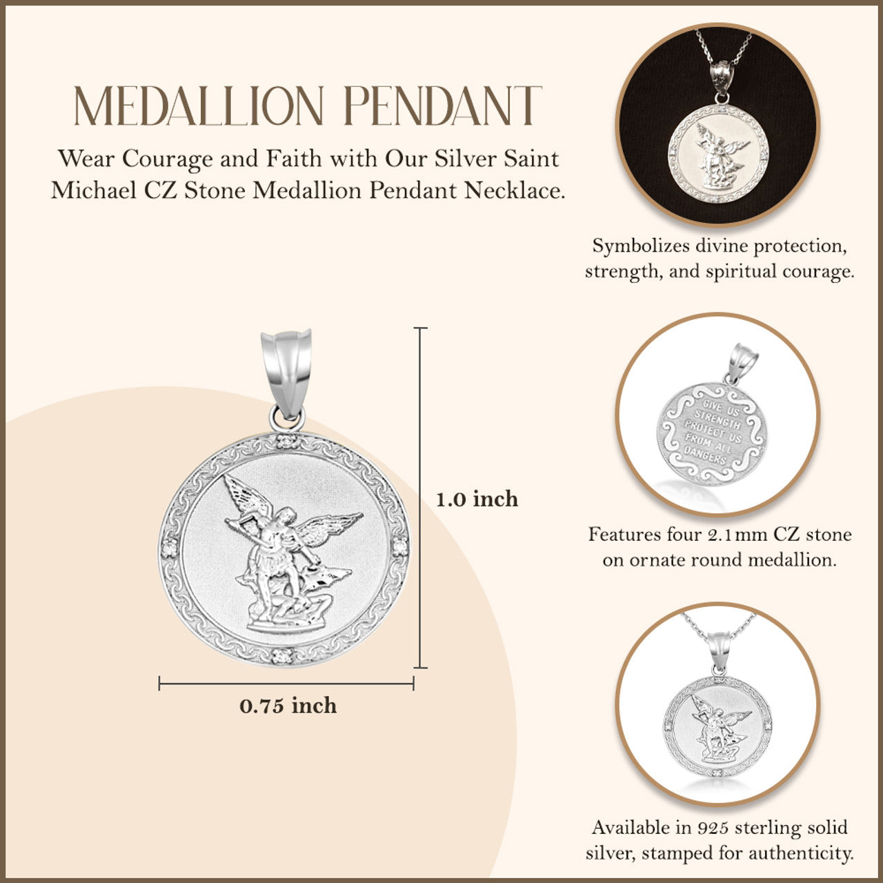 Silver Saint Michael Pendant Necklace with Cubic Zirconia