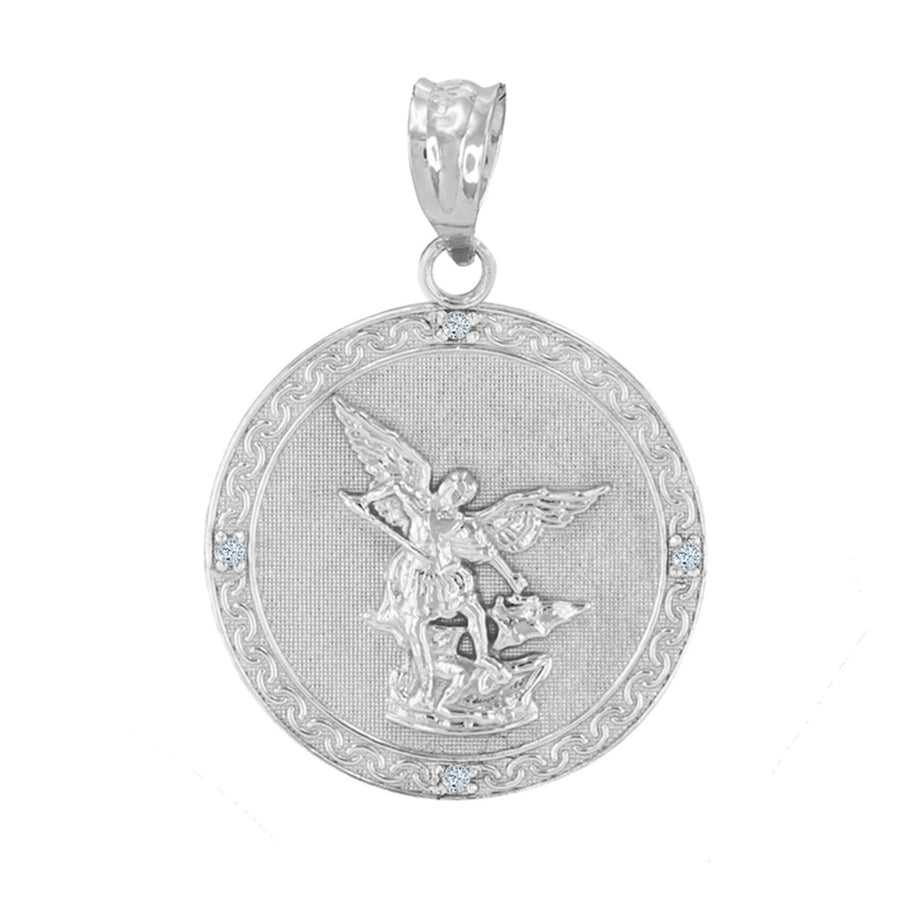 .925 Sterling Silver Patron Saint Michael Archangel Cubic Zirconia Medallion Pendant Necklace