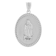 Sterling Silver Cuban Link Framed Virgen de Guadalupe Oval Medallion Pendant Necklace (1.29