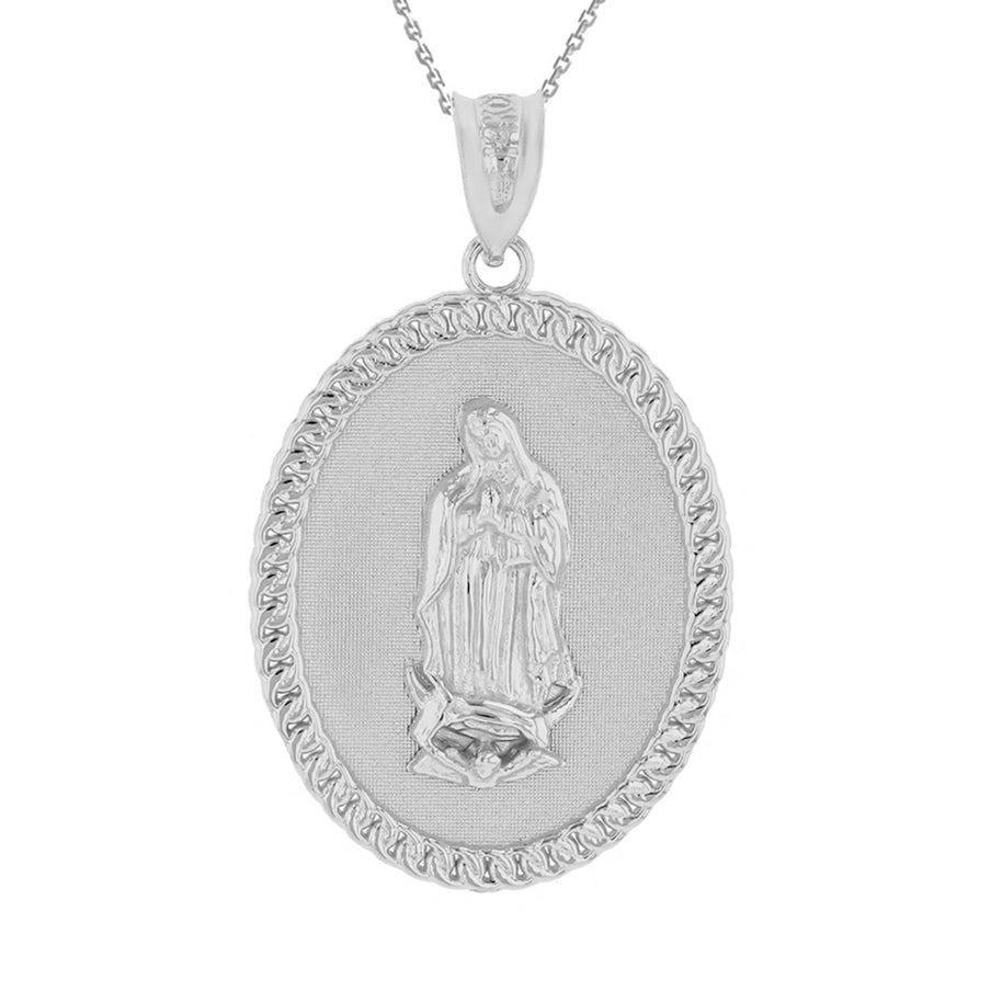 Sterling Silver Cuban Link Framed Virgen de Guadalupe Oval Medallion Pendant Necklace (1.29")