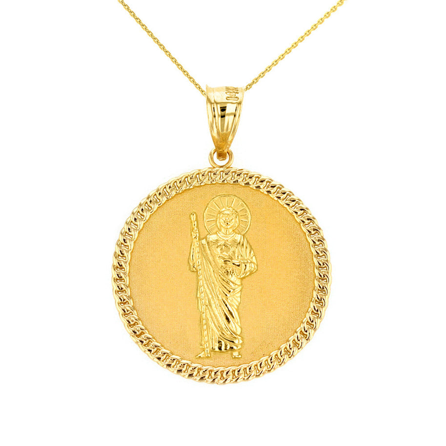 Solid Gold Jesus The Good Shepherd Cuban Link Circle Frame Medallion Pendant Necklace 1.34 " (34 mm)(Available In Yellow/Rose/White And Two Tone Gold)