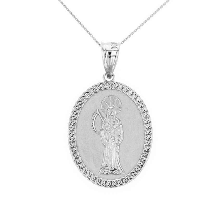 Sterling Silver Santa Muerte Cuban Link Frame Medallion Pendant Necklace 1.28