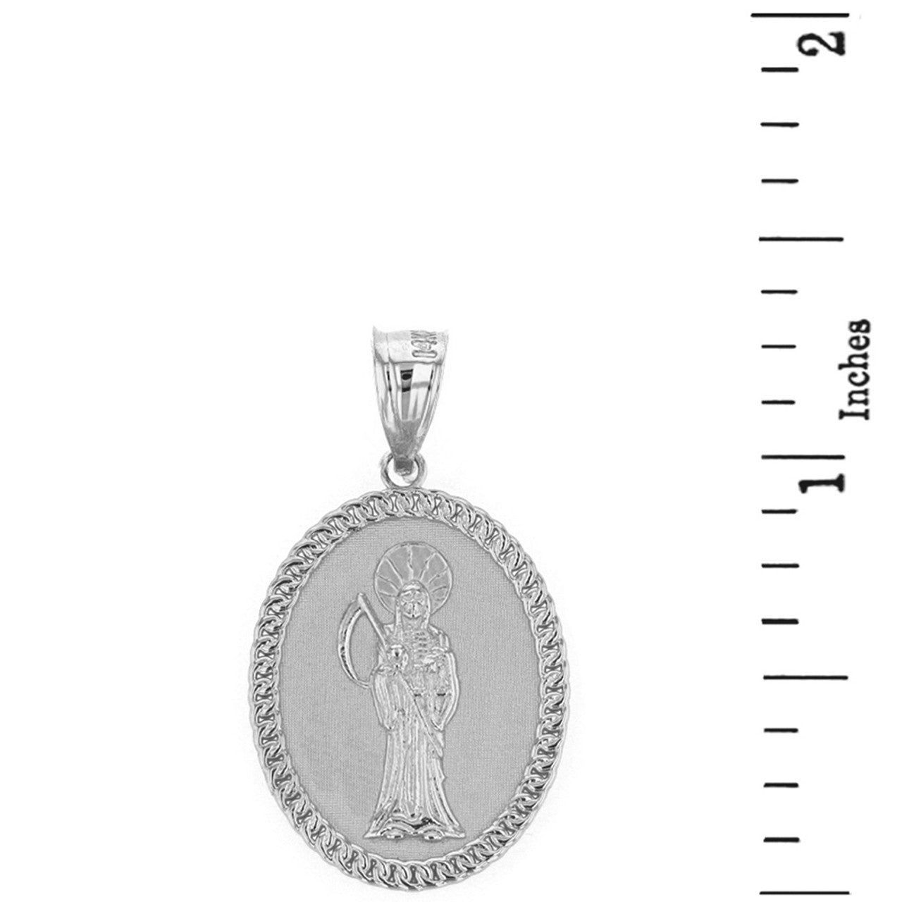 Sterling Silver Santa Muerte Cuban Link Frame Medallion Pendant Necklace 1.28
